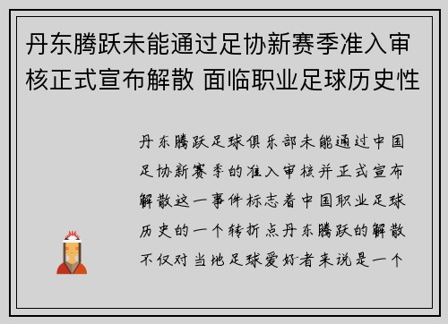 丹东腾跃未能通过足协新赛季准入审核正式宣布解散 面临职业足球历史性转折